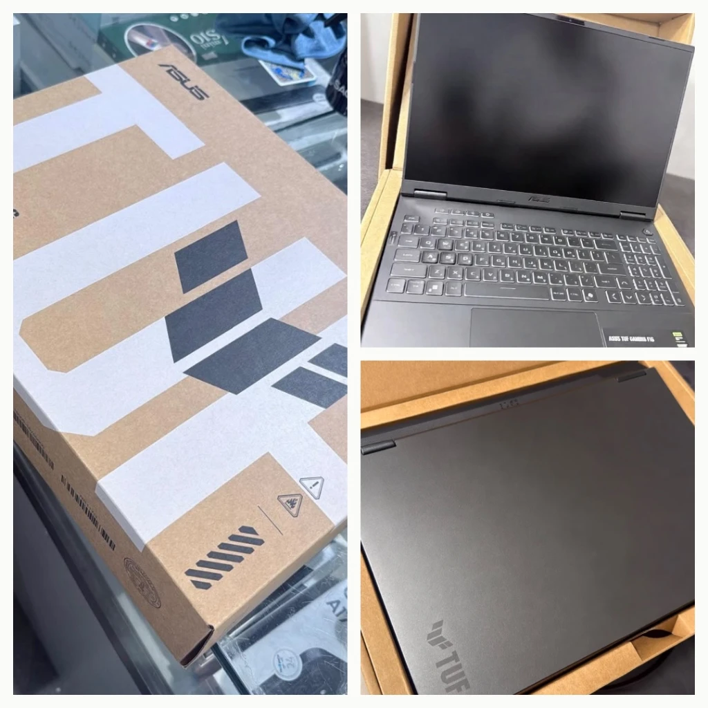 מחשב נייד גיימינג ASUS TUF F16 · קולאז' פתיחת קופסה ואריזה